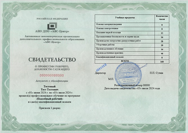 Подсобный рабочий (1-2 разряд). Обучение дистанционно